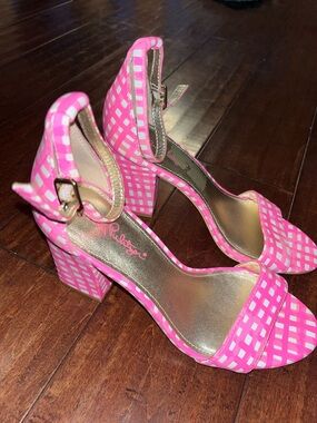 Lilly Pulitzer Pink Gingham Block-Heel Ankle-Strap Sandals